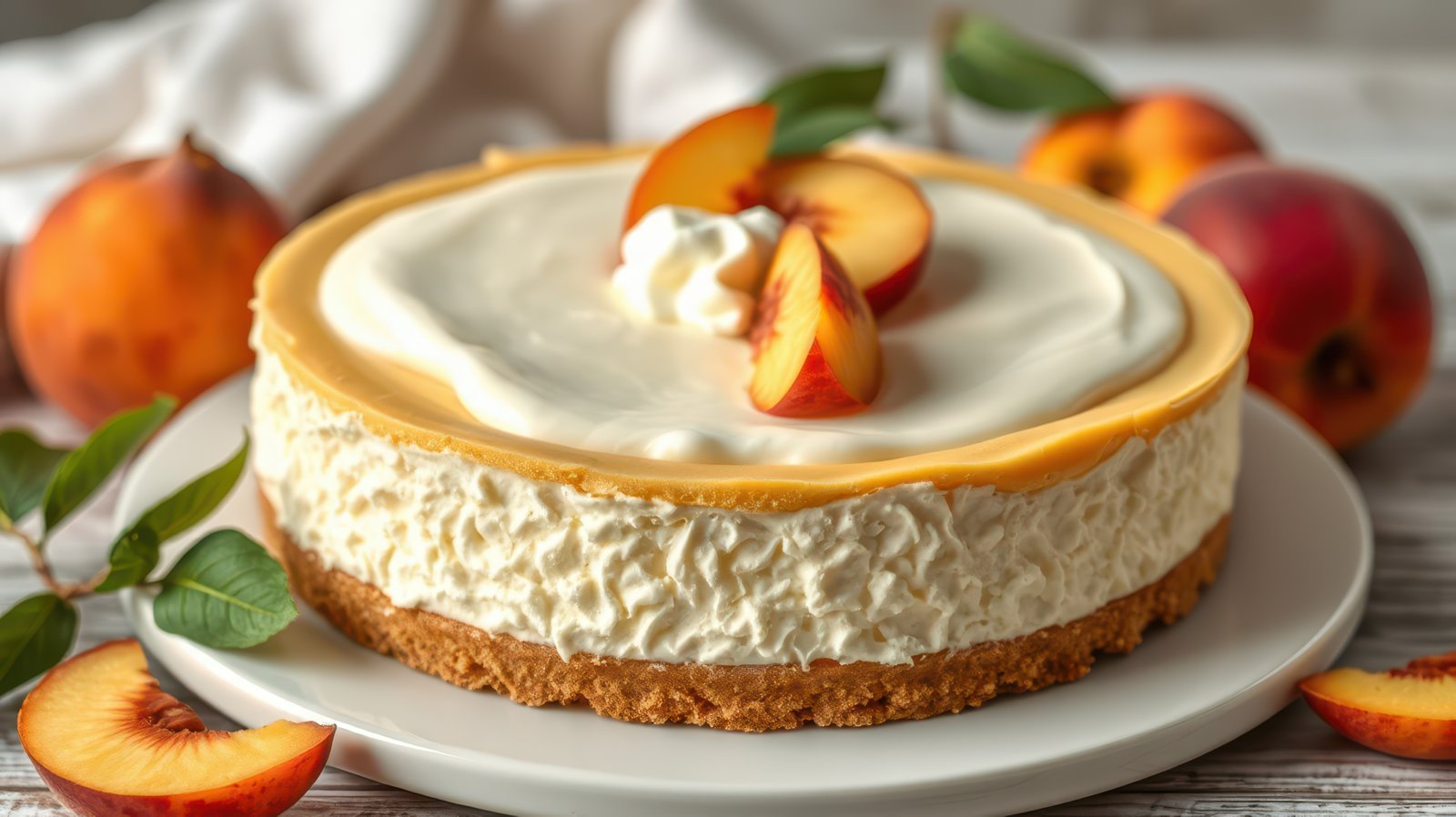 Delicious peach cheesecake on a white plate surrounded by fresh peaches and greenery